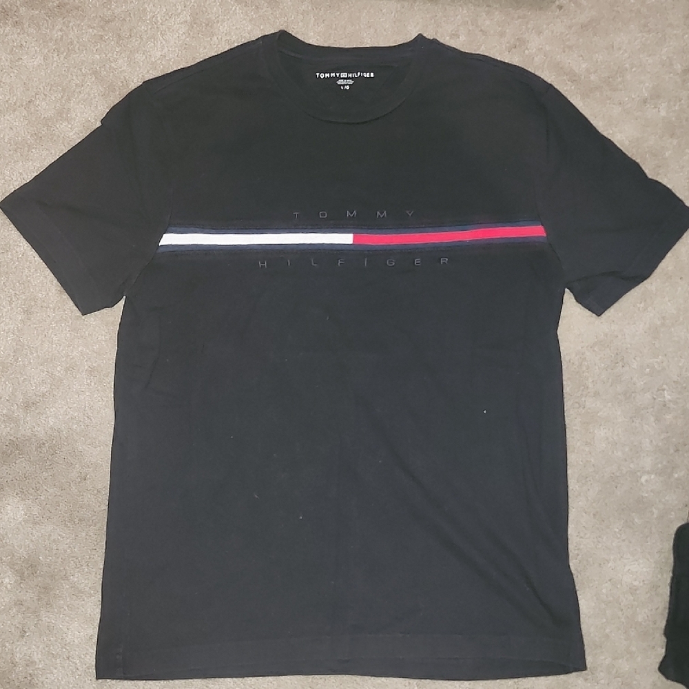 Tommy Hilfiger Black T-Shirt with Red and White Stripe